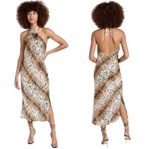 Cami NYC Lenzy Tiger Halter Midi Dress Silk Rosette Cheetah Leopard Slinky XS